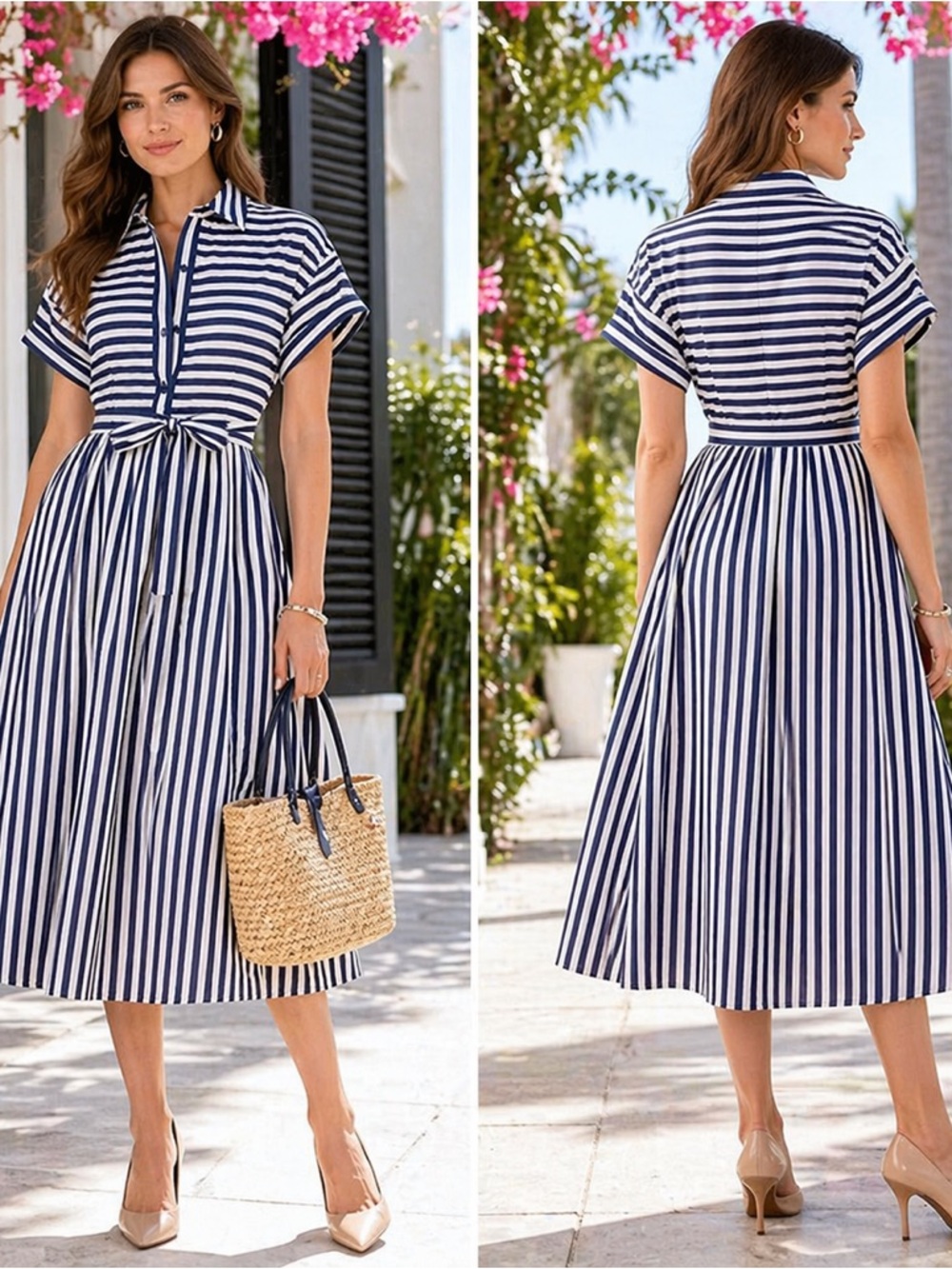 Kate Spade Midi Shirt Dress Cotton Navy White Striped Belted $368 Pockets Size L - Picture 10 of 10